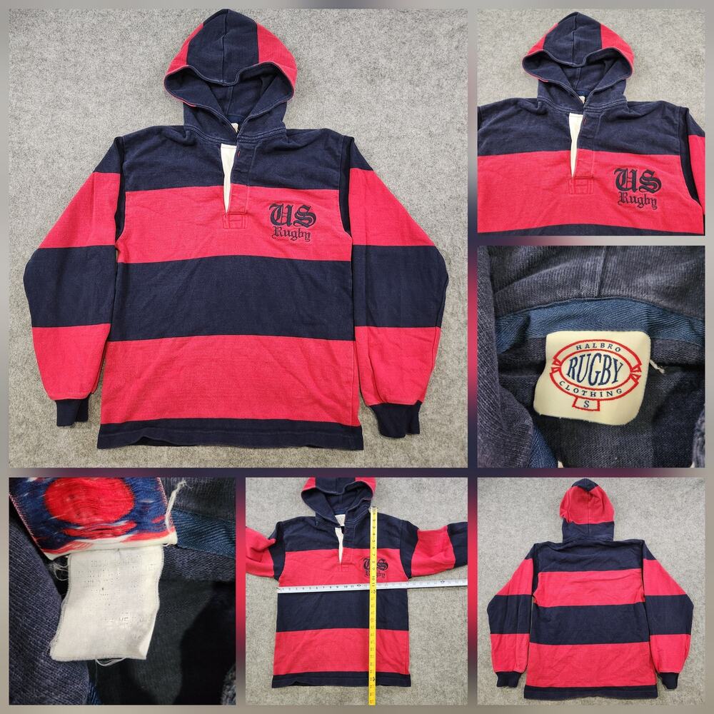 Vintage Halbro Rugby Pullover Hoodie Mens Small US Rugby Stripe Retro Sweatshirt